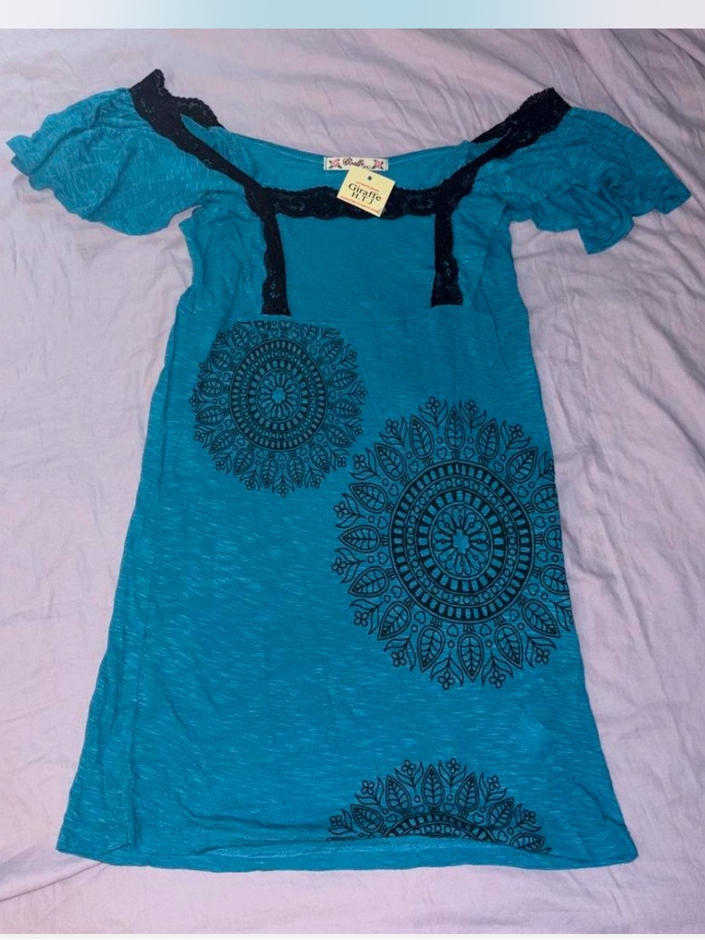 NWT Y2K 2007/2008 Deadstock Giraffe HTJ Blue Blouse with Black Lace Trim